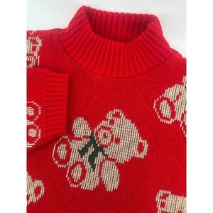 Vintage Adele Knitwear Red Teddy Bear Mock Neck Sweater Womens Large Made In USA